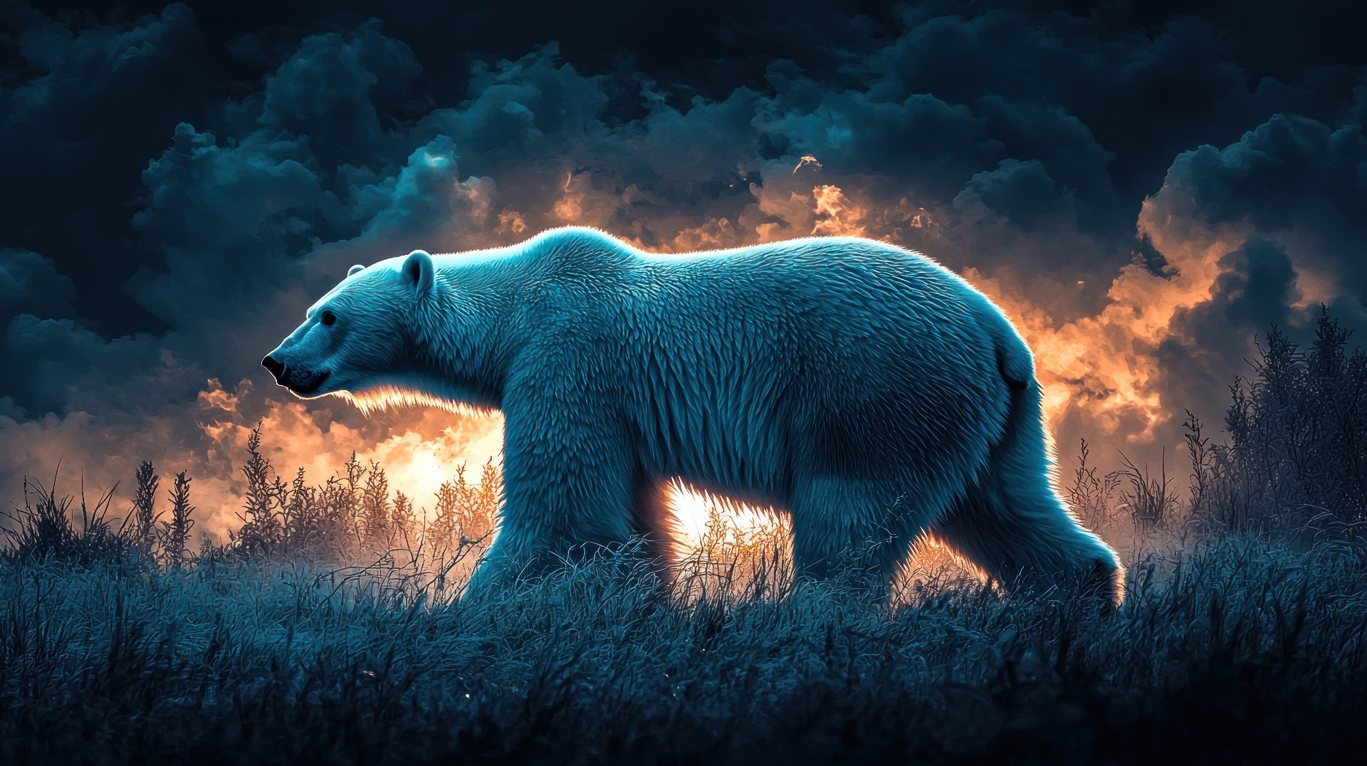 Luminous Spirit Bear walking through an ice storm