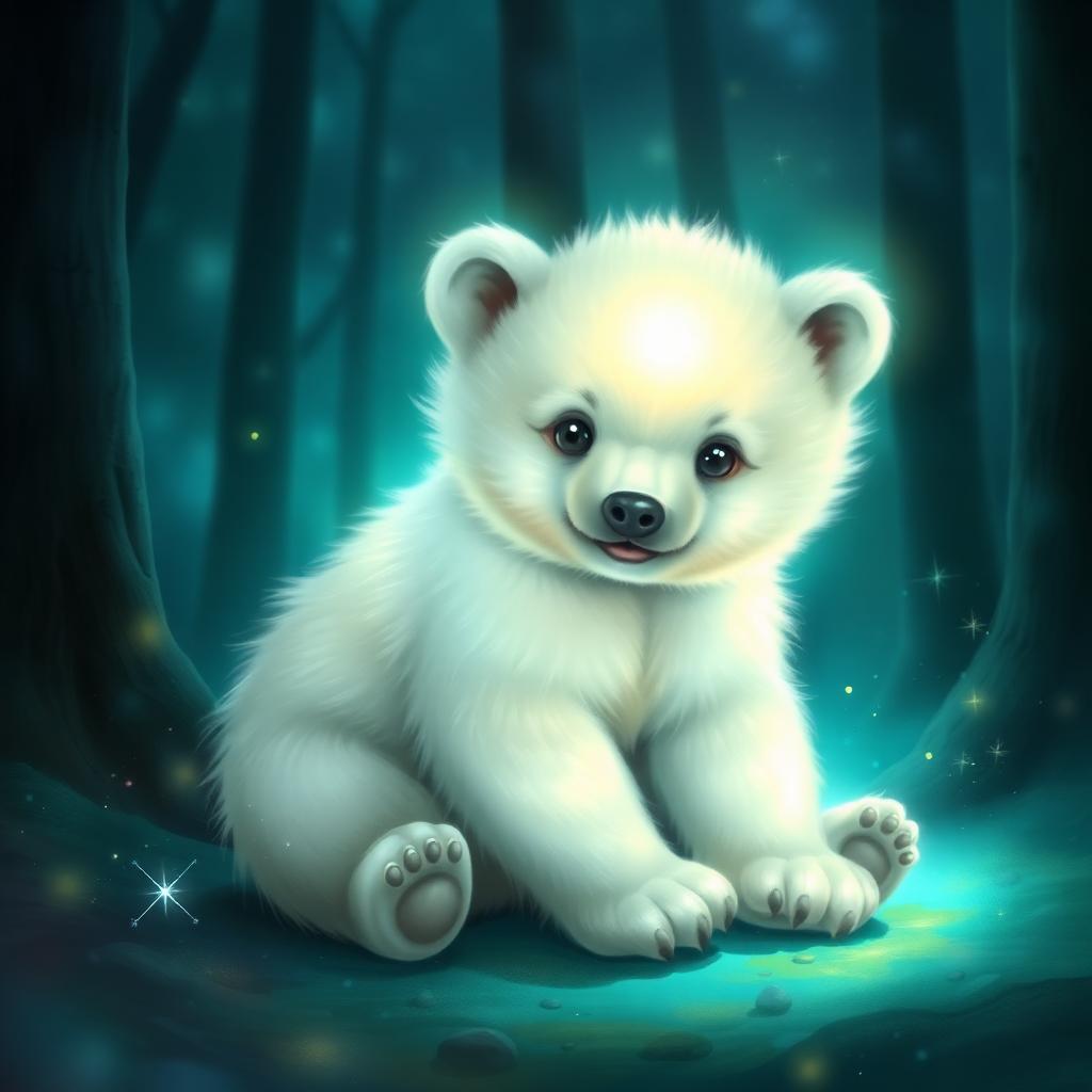 A glowing baby spirit bear cub sitting in an enchanted teal forest
