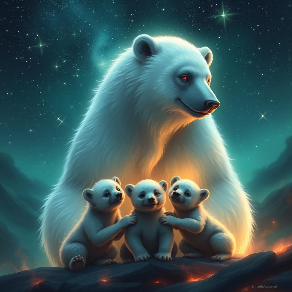 A grandmother spirit bear sheltering three cubs under a starry sky