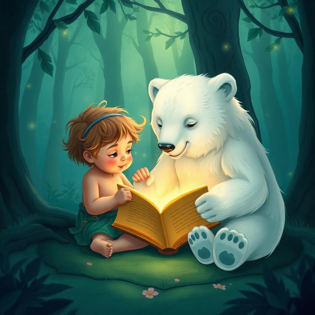 A child cub and a luminous spirit bear reading a glowing book together