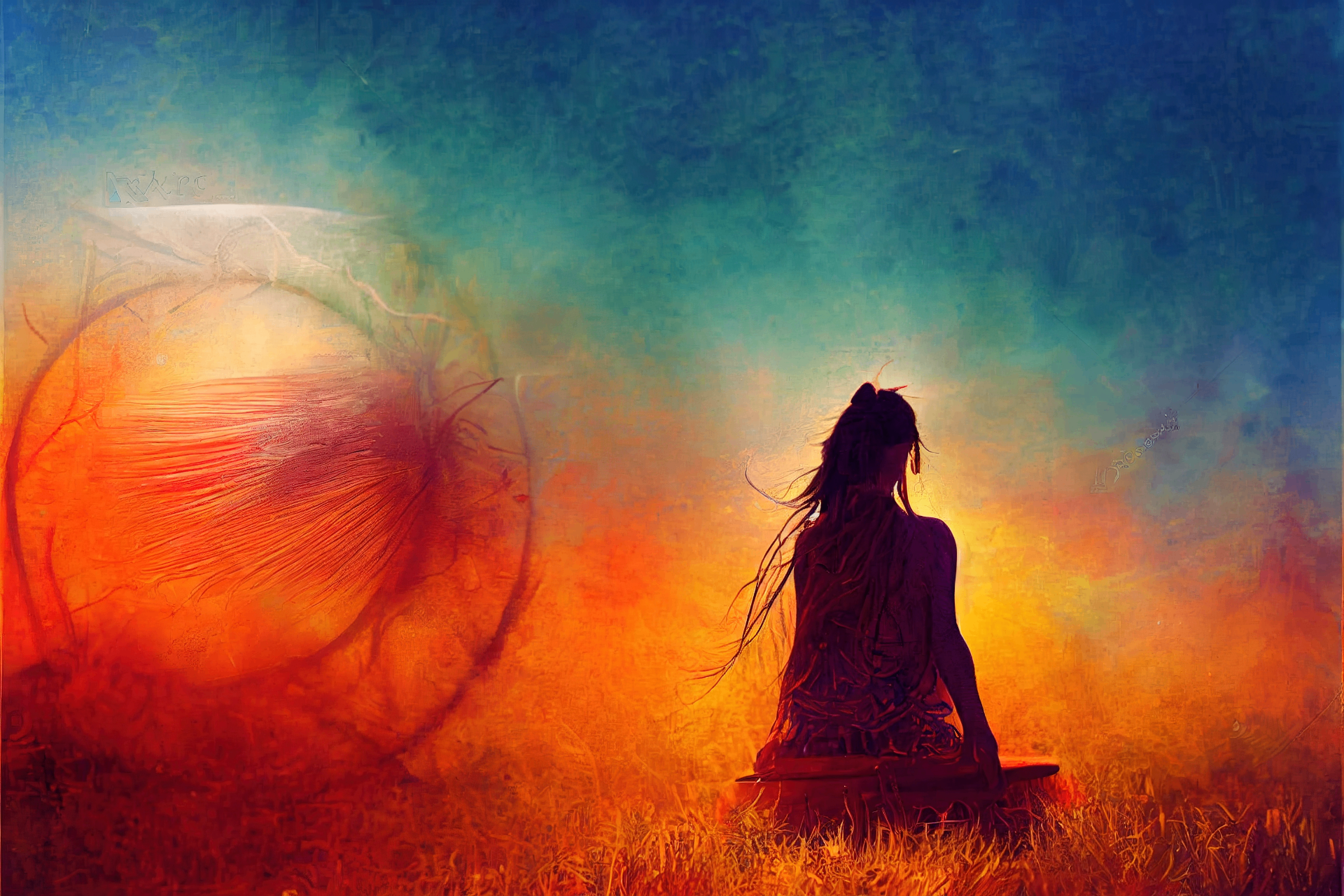 Daughters and granddaughters in luminous enchanted landscape