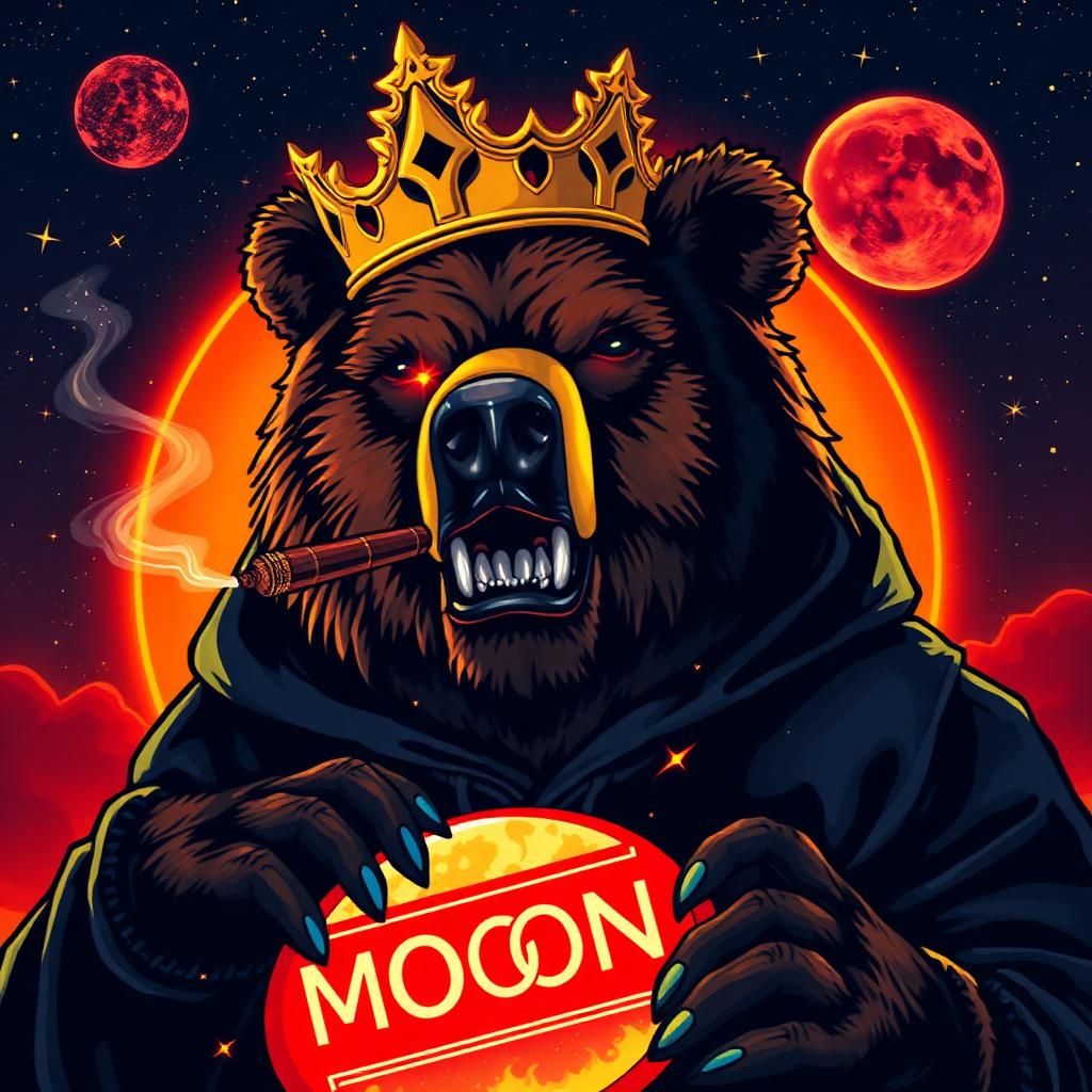 Elon Bear — crowned, hoodied, cigar lit, smashing the MOON button