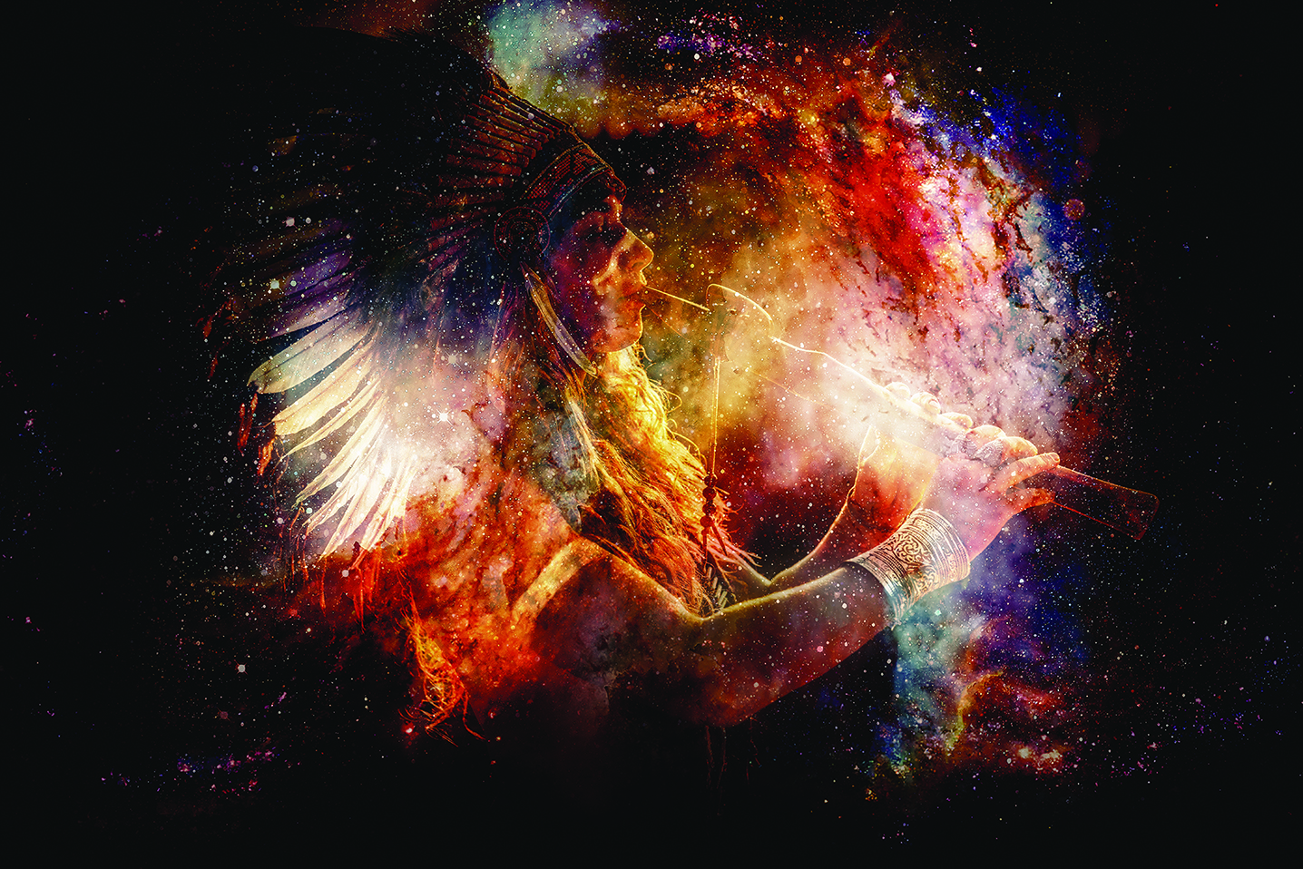 Music shaman channeling cosmic sound through ancient ceremony