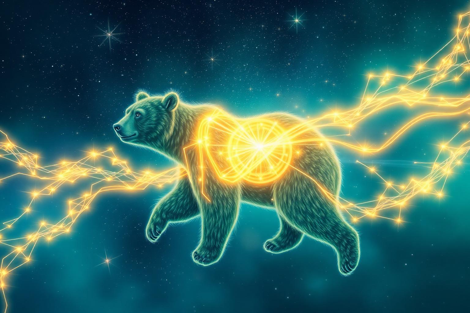 A luminous spirit bear woven with 48 glowing ribbons of light forming an unbreakable Forever Knot beneath a starry sky
