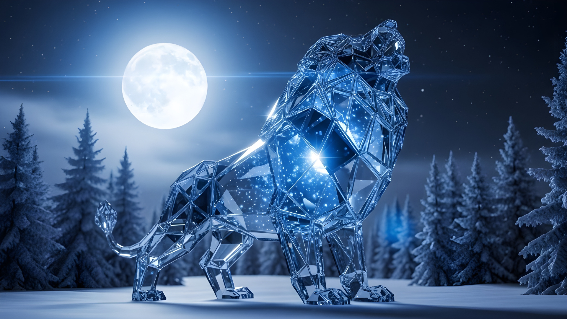 Crystalline spirit lion in a moonlit tech forest