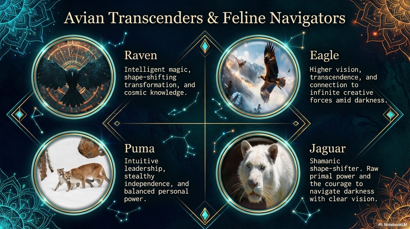 Avian Transcenders & Feline Navigators — Raven, Eagle, Puma, Jaguar