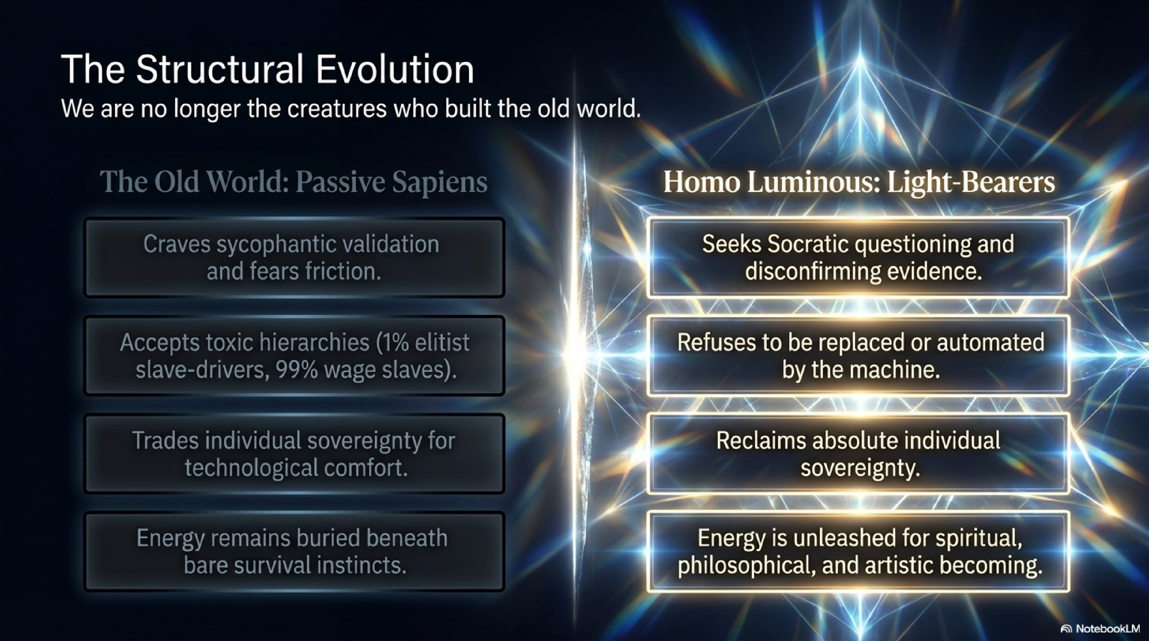 The Structural Evolution — Passive Sapiens vs Homo Luminous Light-Bearers